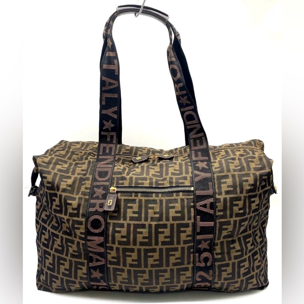 Fendi Zucca Duffel Bag Brown Canvas Leather Trim Travel Boston - Picture 4 of 11